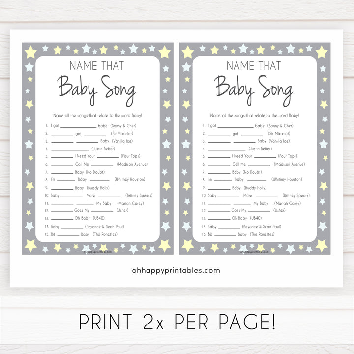 Grey Yellow Stars Name That Song Baby Shower Game, Baby Song Games, Printable Baby Shower Games, Name That Baby Song, Name that Song, fun abby shower games, popular baby shower games