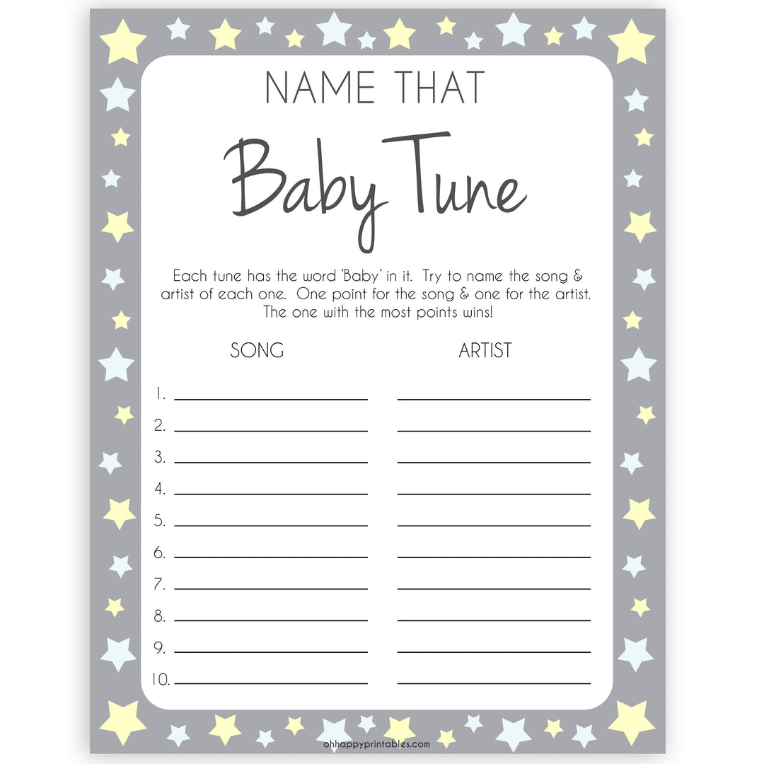 Grey Yellow Stars Name That Baby Tune Shower Game, Baby Song Games,Printable Baby Shower Games, Baby Shower, Name Baby Song, Baby Games, printable baby shower games, fun baby games, popular baby games