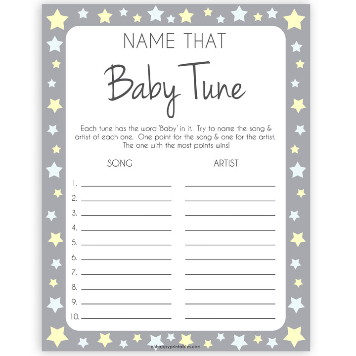 Grey Yellow Stars Name That Baby Tune Shower Game, Baby Song Games,Printable Baby Shower Games, Baby Shower, Name Baby Song, Baby Games, printable baby shower games, fun baby games, popular baby games