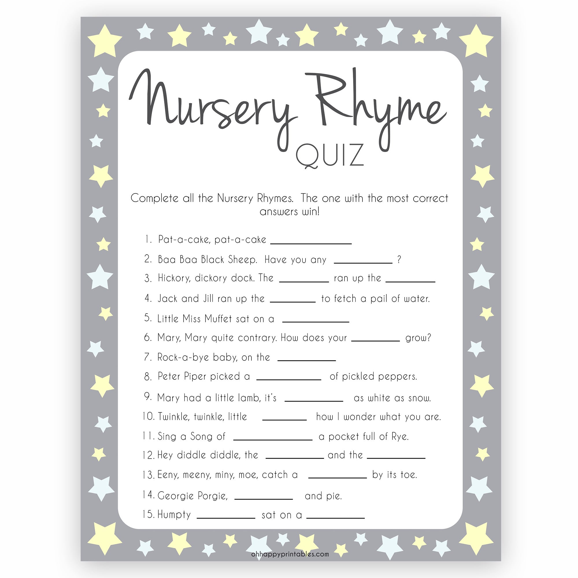 Nursery Rhyme Quiz Game - Grey & Yellow Stars Printable Baby Shower Games – OhHappyPrintables nursery-rhyme-quiz-game-grey-yellow-stars-printable-baby-shower-games-ohhappyprintables