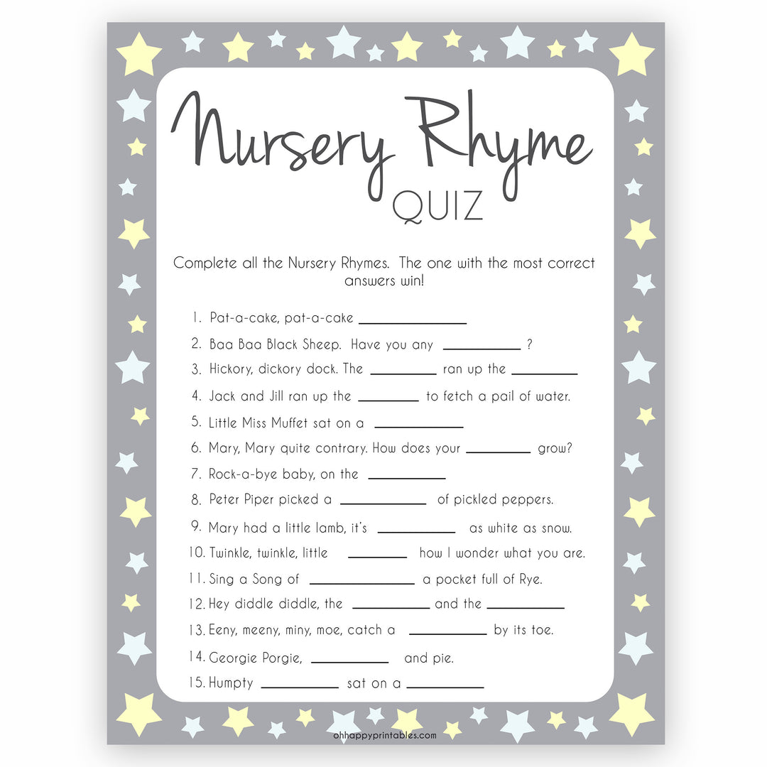 Grey Yellow Stars Nursery Rhyme Quiz, Baby Shower Games, Guess Nursery Rhyme, Stars Printable Baby Shower Games, Name that Nursery Rhyme, fun baby shower games, popular baby shower games