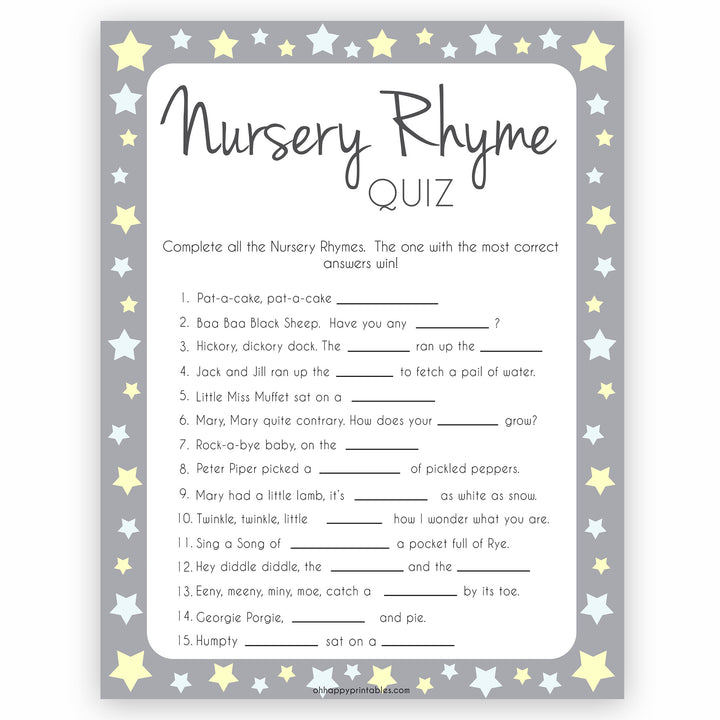 Grey Yellow Stars Nursery Rhyme Quiz, Baby Shower Games, Guess Nursery Rhyme, Stars Printable Baby Shower Games, Name that Nursery Rhyme, fun baby shower games, popular baby shower games