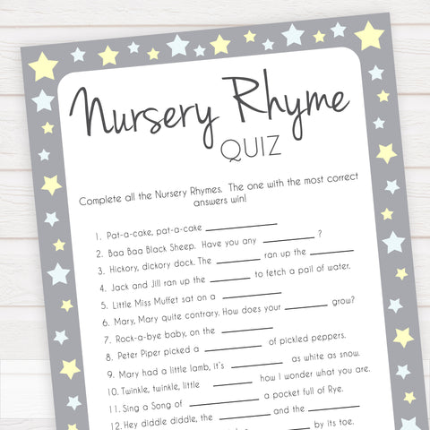 Grey Yellow Stars Nursery Rhyme Quiz, Baby Shower Games, Guess Nursery Rhyme, Stars Printable Baby Shower Games, Name that Nursery Rhyme, fun baby shower games, popular baby shower games