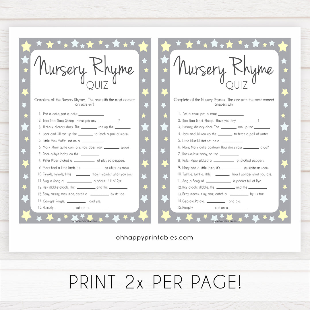 Grey Yellow Stars Nursery Rhyme Quiz, Baby Shower Games, Guess Nursery Rhyme, Stars Printable Baby Shower Games, Name that Nursery Rhyme, fun baby shower games, popular baby shower games