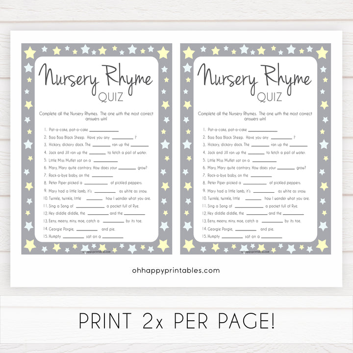 Grey Yellow Stars Nursery Rhyme Quiz, Baby Shower Games, Guess Nursery Rhyme, Stars Printable Baby Shower Games, Name that Nursery Rhyme, fun baby shower games, popular baby shower games