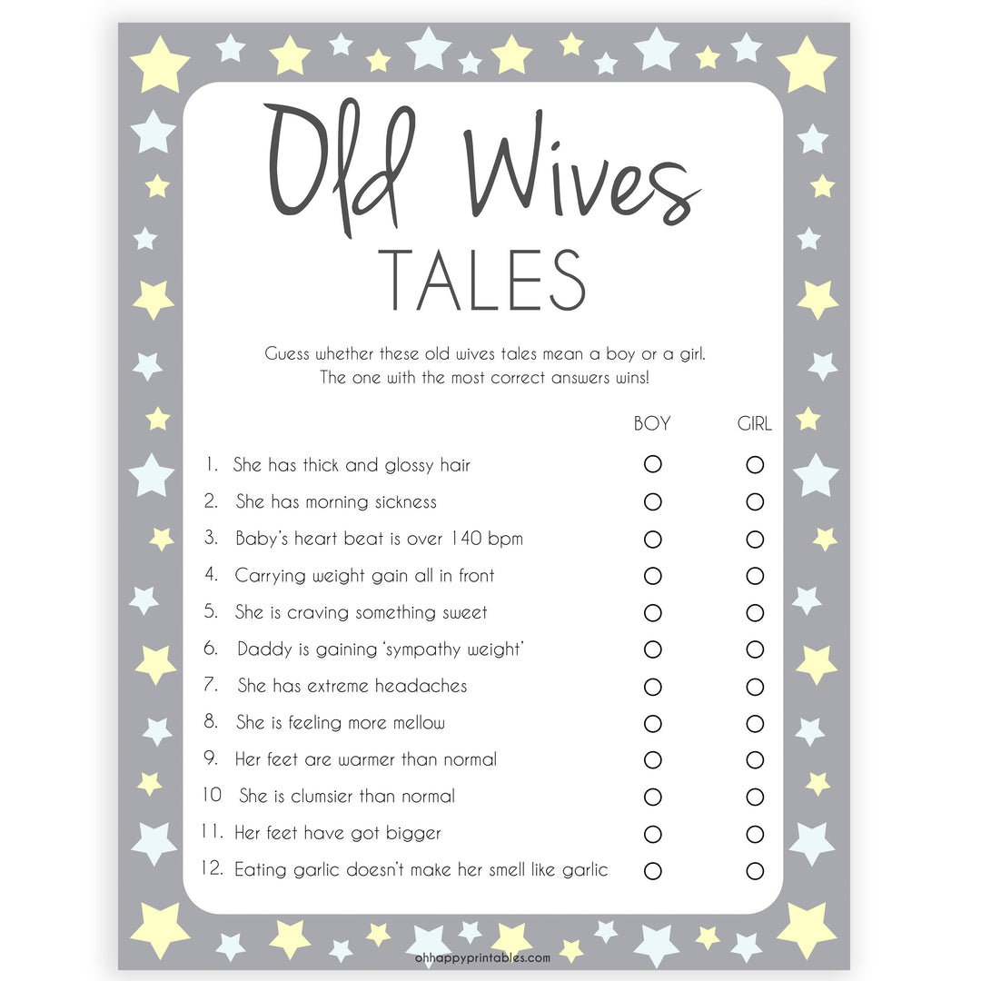 grey & yellow stars, old wives tales game, printable baby shower games, fun baby games, top baby shower games, star baby games, little star baby shower
