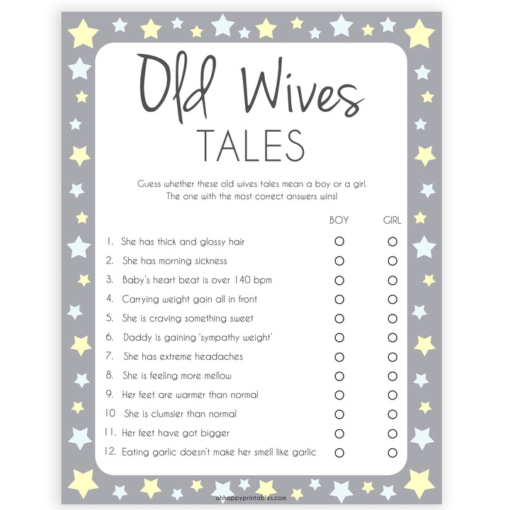 grey & yellow stars, old wives tales game, printable baby shower games, fun baby games, top baby shower games, star baby games, little star baby shower