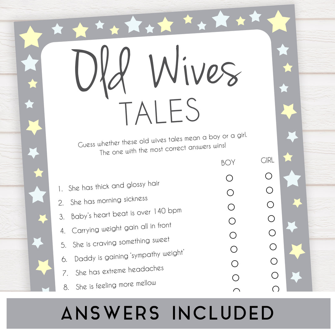 grey & yellow stars, old wives tales game, printable baby shower games, fun baby games, top baby shower games, star baby games, little star baby shower