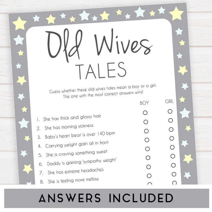grey & yellow stars, old wives tales game, printable baby shower games, fun baby games, top baby shower games, star baby games, little star baby shower