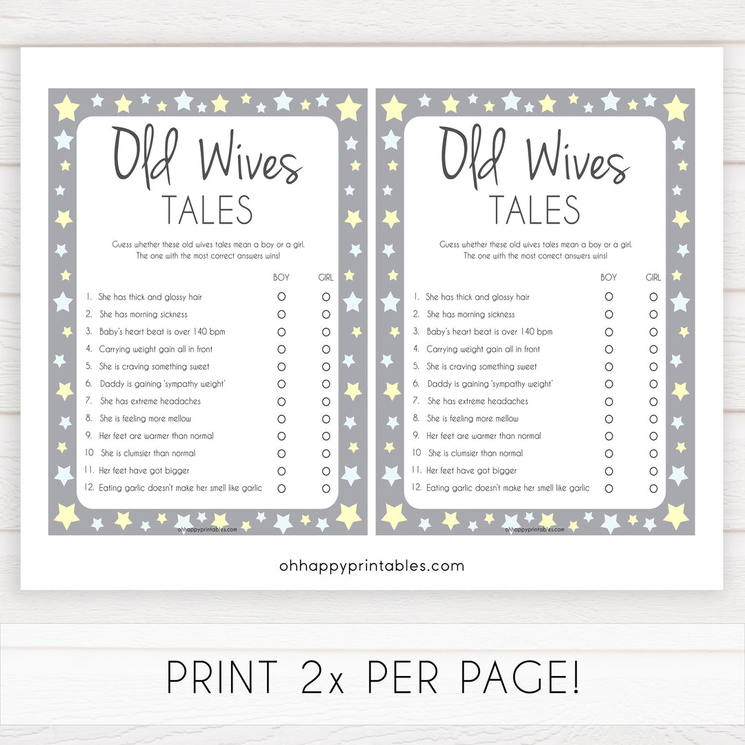 grey & yellow stars, old wives tales game, printable baby shower games, fun baby games, top baby shower games, star baby games, little star baby shower