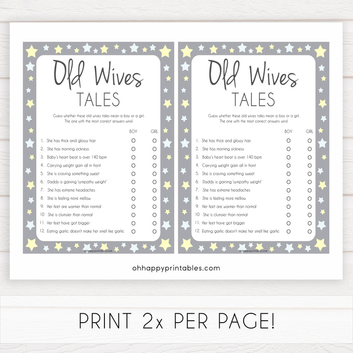 grey & yellow stars, old wives tales game, printable baby shower games, fun baby games, top baby shower games, star baby games, little star baby shower