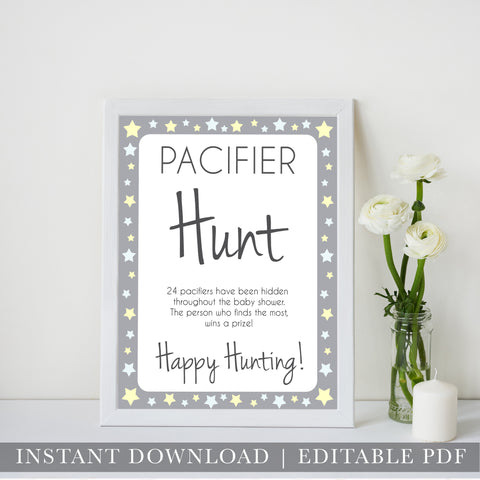 grey & yellow stars, pacifier hunt game, printable baby shower games, fun baby games, top baby shower games, star baby games, little star baby shower