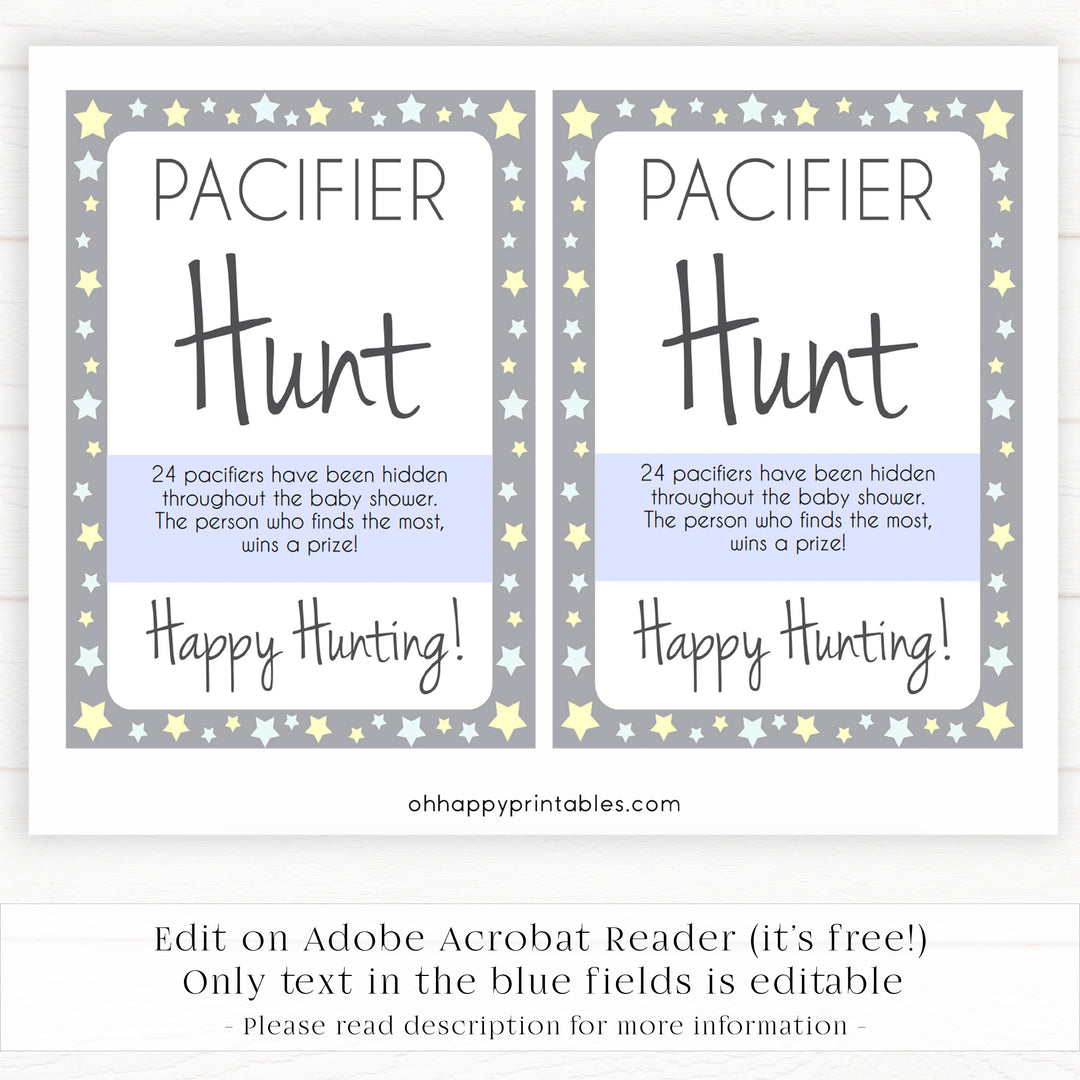 grey & yellow stars, pacifier hunt game, printable baby shower games, fun baby games, top baby shower games, star baby games, little star baby shower