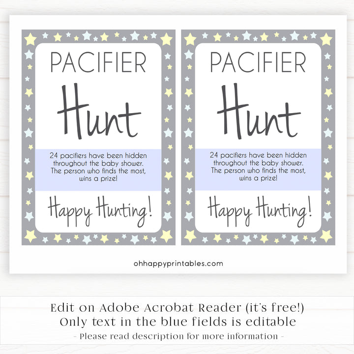 grey & yellow stars, pacifier hunt game, printable baby shower games, fun baby games, top baby shower games, star baby games, little star baby shower