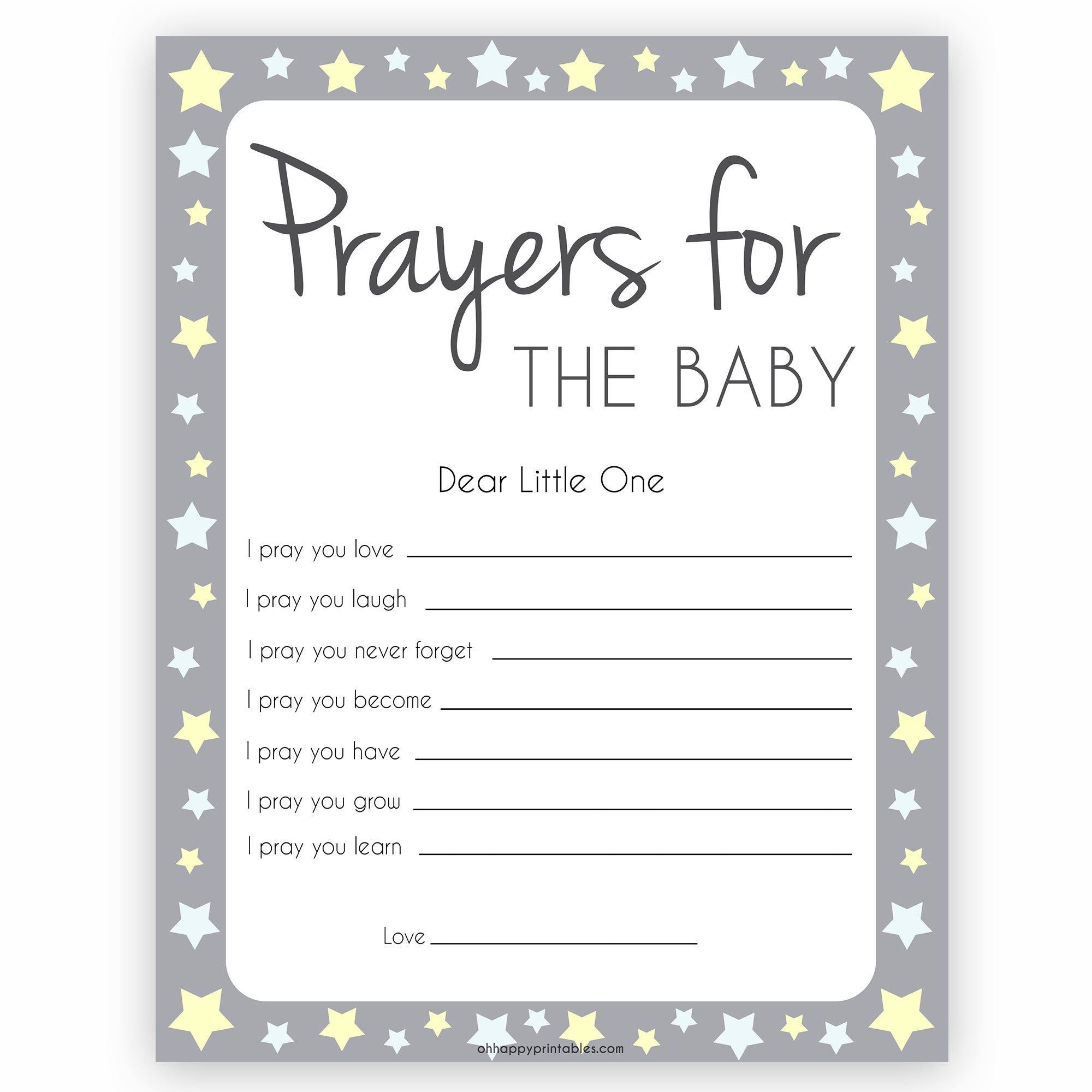 Grey Yellow Stars Prayers For The Baby, Baby Prayers, Prayers for The Baby, Baby Shower, Baby Shower Baby Prayers, Baby Prayers Cards, fun baby shower games, popular baby shower games