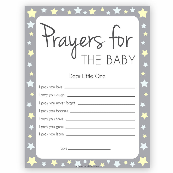 Grey Yellow Stars Prayers For The Baby, Baby Prayers, Prayers for The Baby, Baby Shower, Baby Shower Baby Prayers, Baby Prayers Cards, fun baby shower games, popular baby shower games