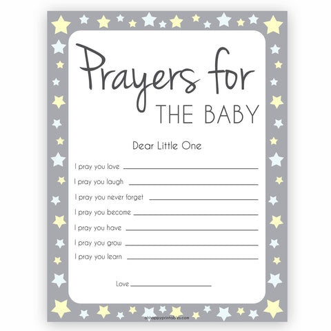 Grey Yellow Stars Prayers For The Baby, Baby Prayers, Prayers for The Baby, Baby Shower, Baby Shower Baby Prayers, Baby Prayers Cards, fun baby shower games, popular baby shower games