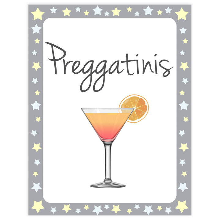Printable baby signs, preggatinis sign, yellow and grey stars, printable baby shower signs, top baby shower decor, baby printable decor