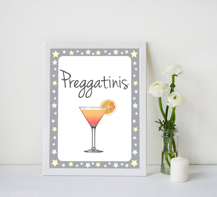 Printable baby signs, preggatinis sign, yellow and grey stars, printable baby shower signs, top baby shower decor, baby printable decor