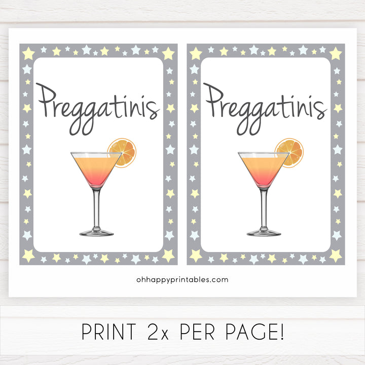 Printable baby signs, preggatinis sign, yellow and grey stars, printable baby shower signs, top baby shower decor, baby printable decor