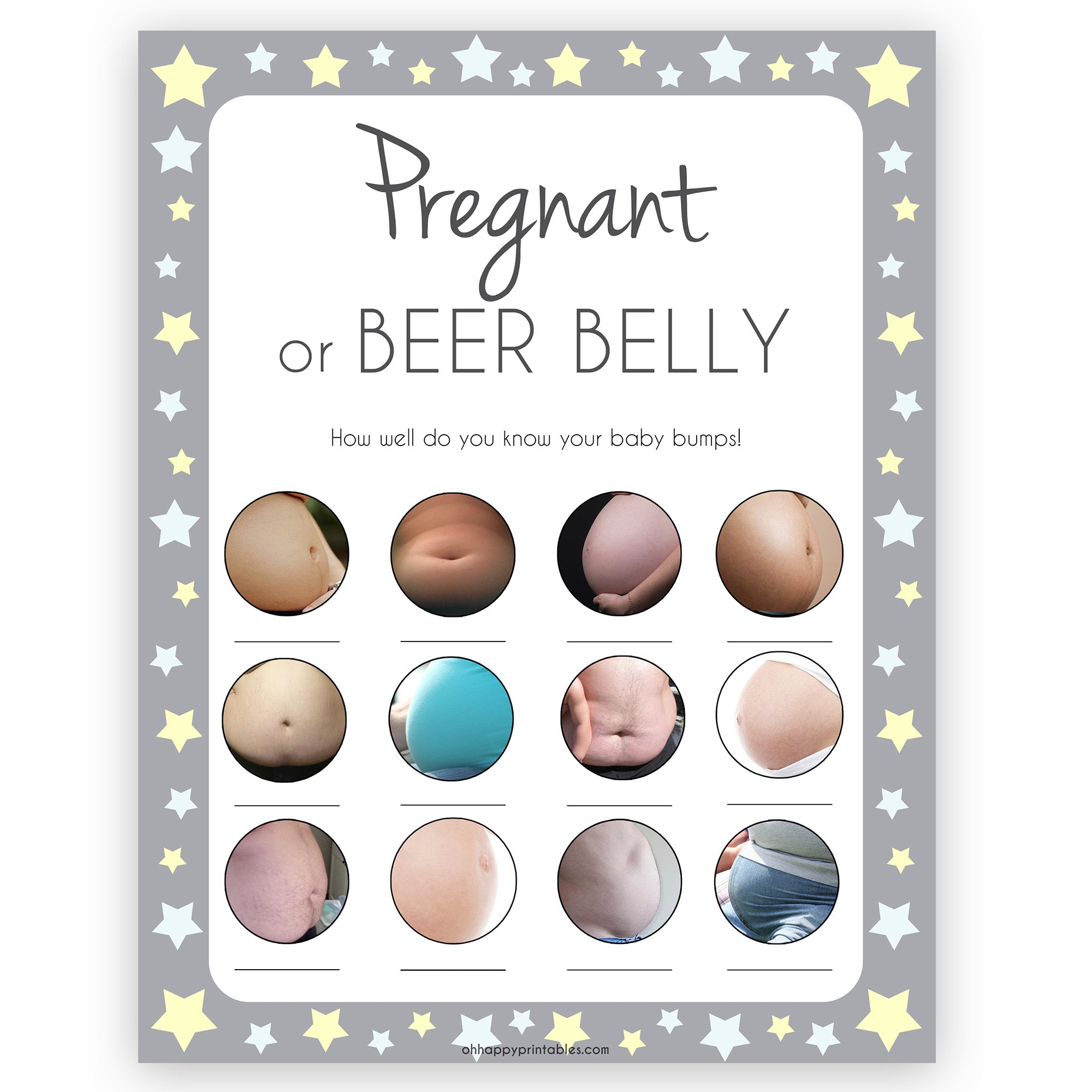 Grey Stars Pregnant or Beer Belly, Baby Bump or Beer Belly, Baby Bump Beer Belly, Printable Baby Shower Games, Pink, Printable, Pregnant , fun baby shower games, popular baby shower games