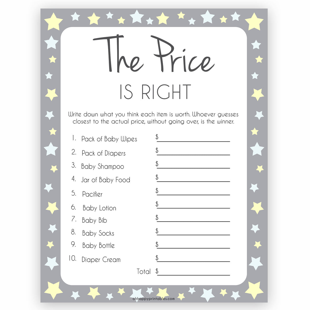 Grey Yellow Stars Price Is Right Baby Shower Game, Grey Stars Guess The Price Games, Printable Baby Shower Games, Price Is Right Game, fun baby shower games, popular baby shower games