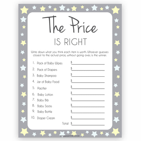 Grey Yellow Stars Price Is Right Baby Shower Game, Grey Stars Guess The Price Games, Printable Baby Shower Games, Price Is Right Game, fun baby shower games, popular baby shower games