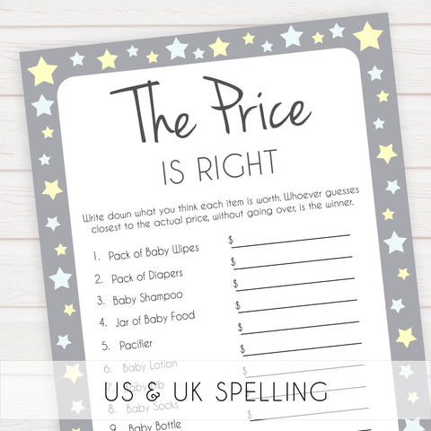 Grey Yellow Stars Price Is Right Baby Shower Game, Grey Stars Guess The Price Games, Printable Baby Shower Games, Price Is Right Game, fun baby shower games, popular baby shower games