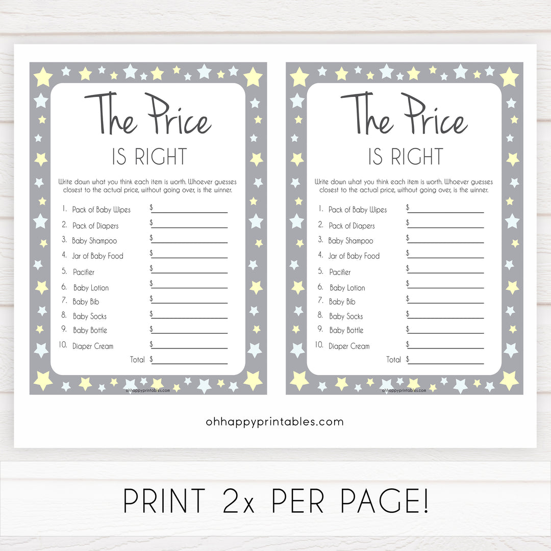 Grey Yellow Stars Price Is Right Baby Shower Game, Grey Stars Guess The Price Games, Printable Baby Shower Games, Price Is Right Game, fun baby shower games, popular baby shower games
