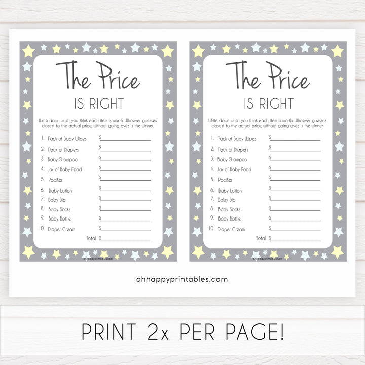 Grey Yellow Stars Price Is Right Baby Shower Game, Grey Stars Guess The Price Games, Printable Baby Shower Games, Price Is Right Game, fun baby shower games, popular baby shower games