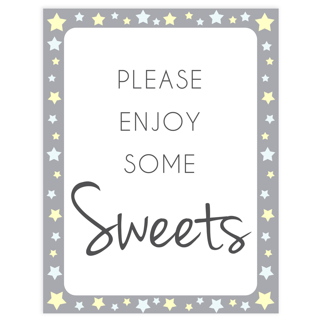 Printable baby signs, sweets baby sign, yellow and grey stars, printable baby shower signs, top baby shower decor, baby printable decor