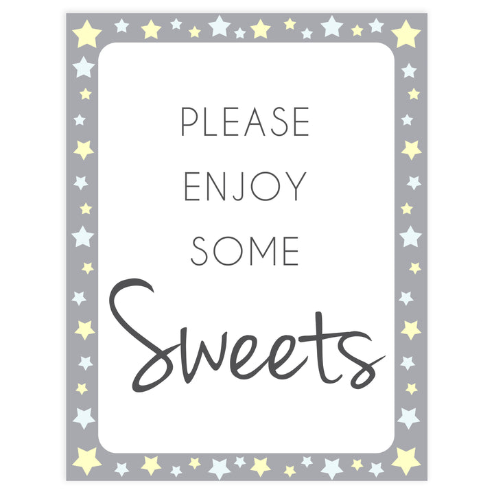 Printable baby signs, sweets baby sign, yellow and grey stars, printable baby shower signs, top baby shower decor, baby printable decor