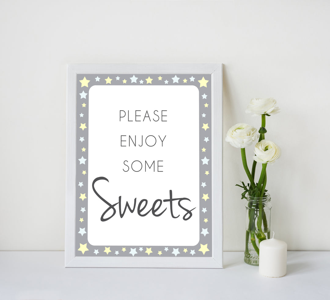 Printable baby signs, sweets baby sign, yellow and grey stars, printable baby shower signs, top baby shower decor, baby printable decor