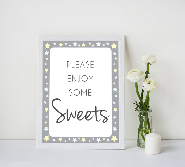 Printable baby signs, sweets baby sign, yellow and grey stars, printable baby shower signs, top baby shower decor, baby printable decor