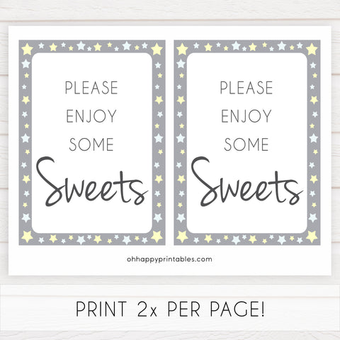 Printable baby signs, sweets baby sign, yellow and grey stars, printable baby shower signs, top baby shower decor, baby printable decor