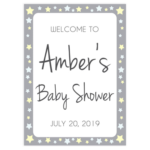 baby shower welcome sign, printable baby welcome signs, baby shower signs, yellow stars baby signs, fun baby shower decor