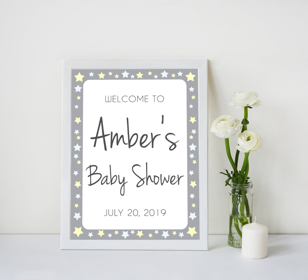 baby shower welcome sign, printable baby welcome signs, baby shower signs, yellow stars baby signs, fun baby shower decor