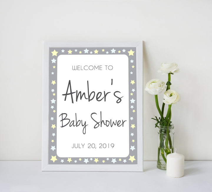 baby shower welcome sign, printable baby welcome signs, baby shower signs, yellow stars baby signs, fun baby shower decor