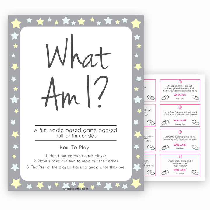 Grey Yellow Stars 24 What Am I Innuendo Baby Shower Games, Innuendo Riddle Baby Shower Games, What Am I Games, Stars Adult Baby Shower, fun baby shower games, popular baby shower games
