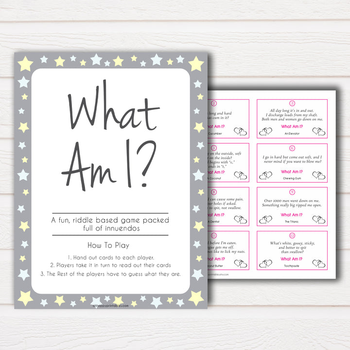 Grey Yellow Stars 24 What Am I Innuendo Baby Shower Games, Innuendo Riddle Baby Shower Games, What Am I Games, Stars Adult Baby Shower, fun baby shower games, popular baby shower games