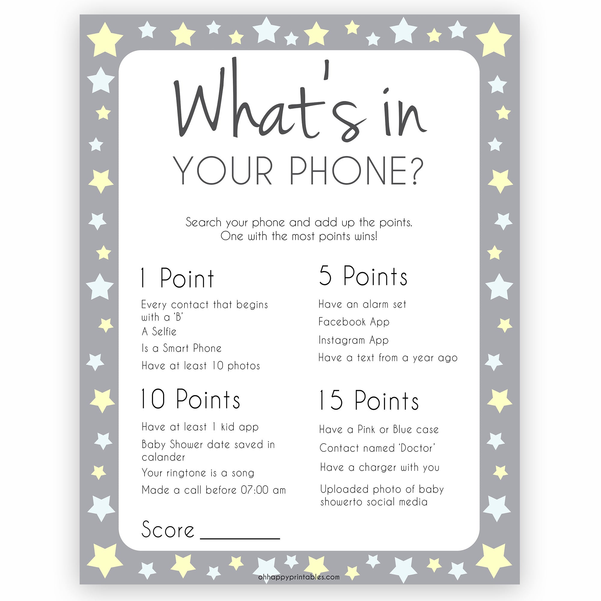 Grey Yellow Star Whats In Your Phone Baby Game, Baby Games, Printable Baby Shower Games, Whats on Your Phone, Baby Shower Phone Game, fun baby shower games, popular baby shower games