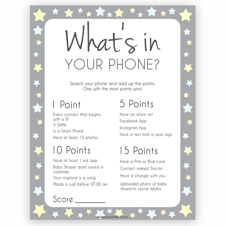 Grey Yellow Star Whats In Your Phone Baby Game, Baby Games, Printable Baby Shower Games, Whats on Your Phone, Baby Shower Phone Game, fun baby shower games, popular baby shower games