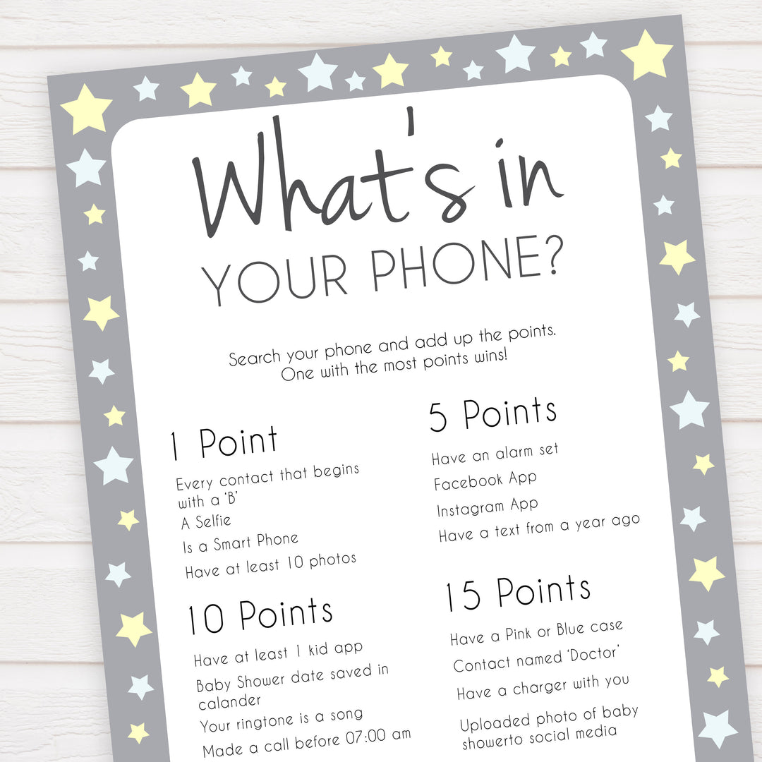 Grey Yellow Star Whats In Your Phone Baby Game, Baby Games, Printable Baby Shower Games, Whats on Your Phone, Baby Shower Phone Game, fun baby shower games, popular baby shower games