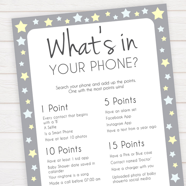 Grey Yellow Star Whats In Your Phone Baby Game, Baby Games, Printable Baby Shower Games, Whats on Your Phone, Baby Shower Phone Game, fun baby shower games, popular baby shower games