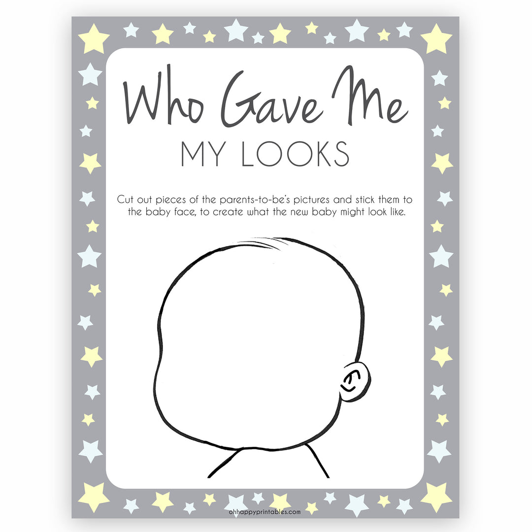 Grey Yellow Stars Baby Face Game, What Will Baby Look Like, Baby Face Guess The Looks, Printable Baby Shower Game, Baby Face, Gave Looks, fun baby shower games, popular baby shower games