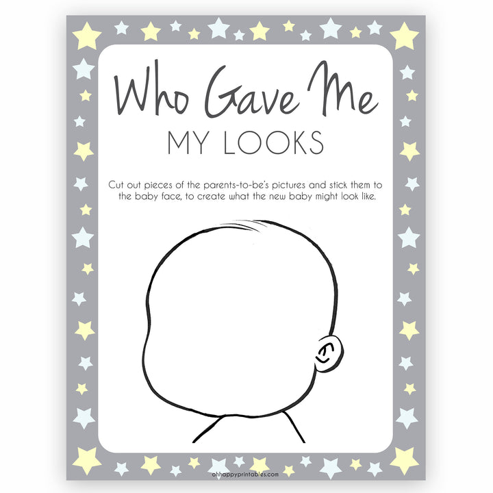 Grey Yellow Stars Baby Face Game, What Will Baby Look Like, Baby Face Guess The Looks, Printable Baby Shower Game, Baby Face, Gave Looks, fun baby shower games, popular baby shower games