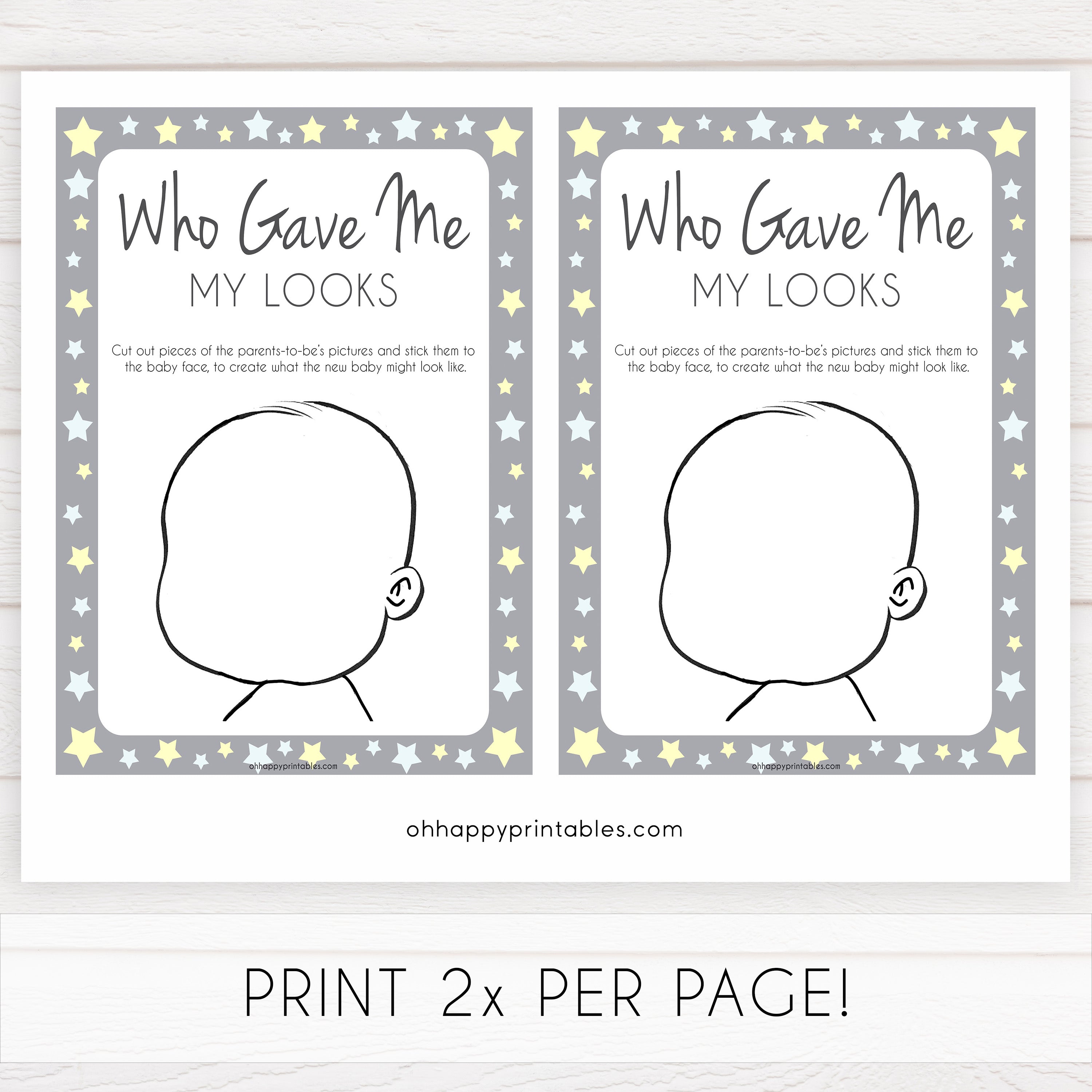 Grey Yellow Stars Baby Face Game, What Will Baby Look Like, Baby Face Guess The Looks, Printable Baby Shower Game, Baby Face, Gave Looks, fun baby shower games, popular baby shower games