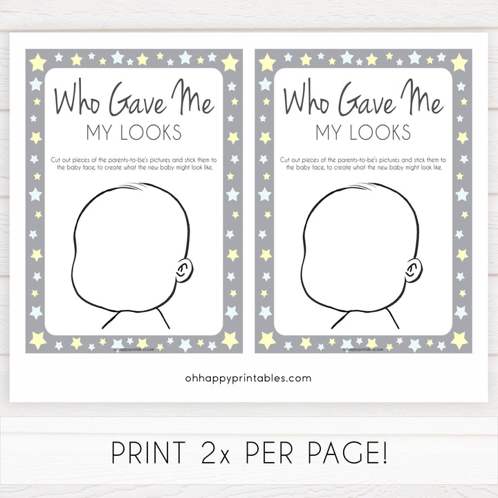 Grey Yellow Stars Baby Face Game, What Will Baby Look Like, Baby Face Guess The Looks, Printable Baby Shower Game, Baby Face, Gave Looks, fun baby shower games, popular baby shower games