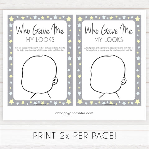 Grey Yellow Stars Baby Face Game, What Will Baby Look Like, Baby Face Guess The Looks, Printable Baby Shower Game, Baby Face, Gave Looks, fun baby shower games, popular baby shower games