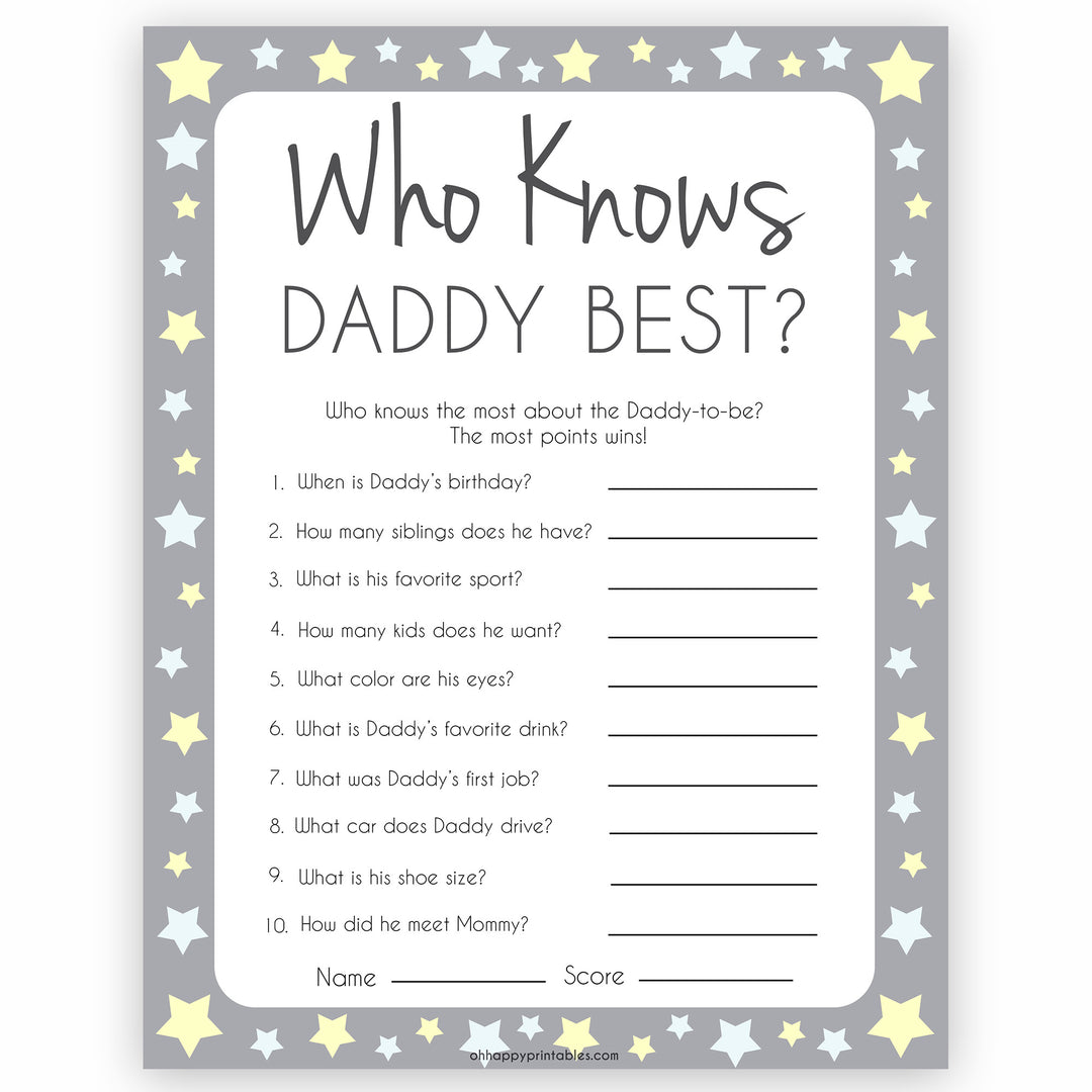 Grey Yellow Stars Who Knows Daddy Best, How Well Do you Know Daddy Games, Who Knows Daddy Game, Printable Baby Shower Games, Baby Shower, fun baby shower games, popular baby shower games